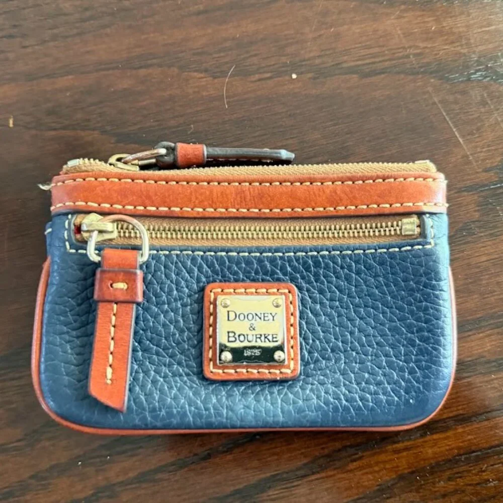 Dooney & Bourke Navy and Tan Leather Small Coin Purse Keychain - Picture 1 of 7